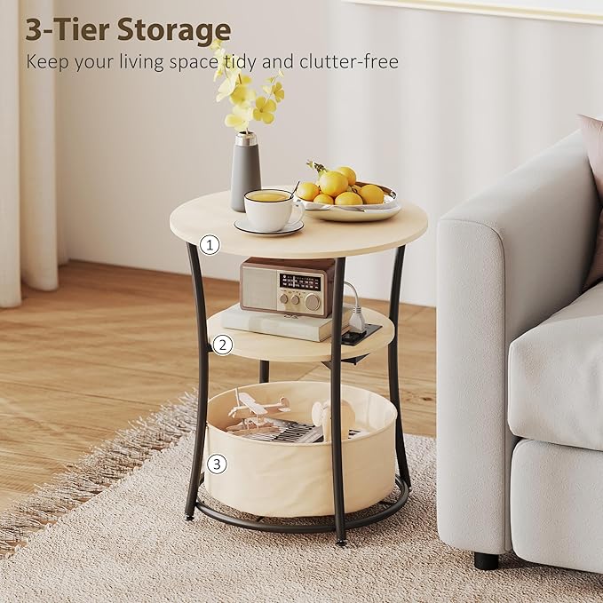 HOMCOM Round Side Table with Charging Station, 3-Tier End Table with Fabric Storage Bag, Shelf and Steel Frame for Living Room, Natural Wood