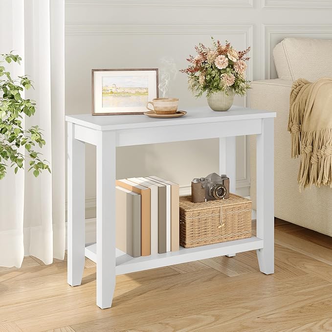 Hoctieon End Table with Double Storage Shelves, Sturdy Wooden Side Table for Living Room, Bedroom, Modern Nightstand Sofa Table for Small Spaces, White