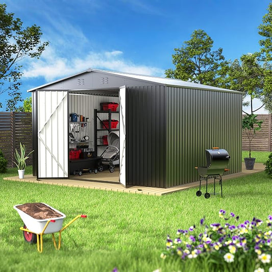 10 x 10 FT Outdoor Storage Shed, Metal Waterproof Storage Shed Steel Utility Garden Tool Shed with Door & Lock Outdoor Storage for Garden Patio Lawn Poolside Black