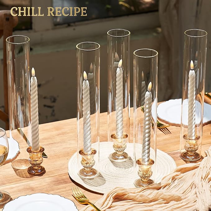 CHILL RECIPE Glass Hurricane Candlestick Holders 14" Tall Cylinder Candle Holder Chimney Tube, Floral Taper Crystal Candle Stick Holder for Birthday Wedding Christmas Home Decor(6Pcs Gold)