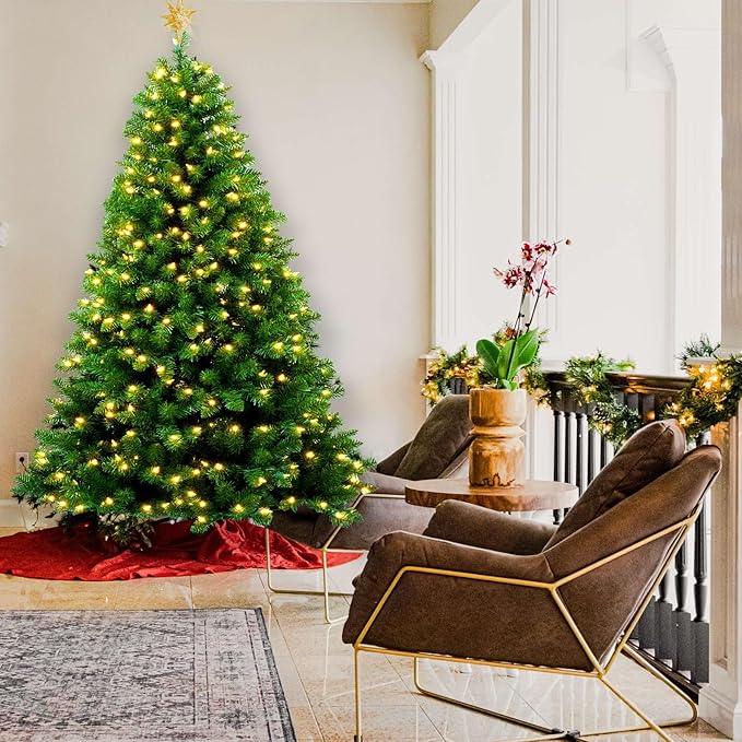 YULETIME 6.5ft Pre-Lit Christmas Tree, Hinged Green Artificial Holiday Decorative Tree with UL Listed 300 Warm White LED Christmas Lights (6.5' Warm White)