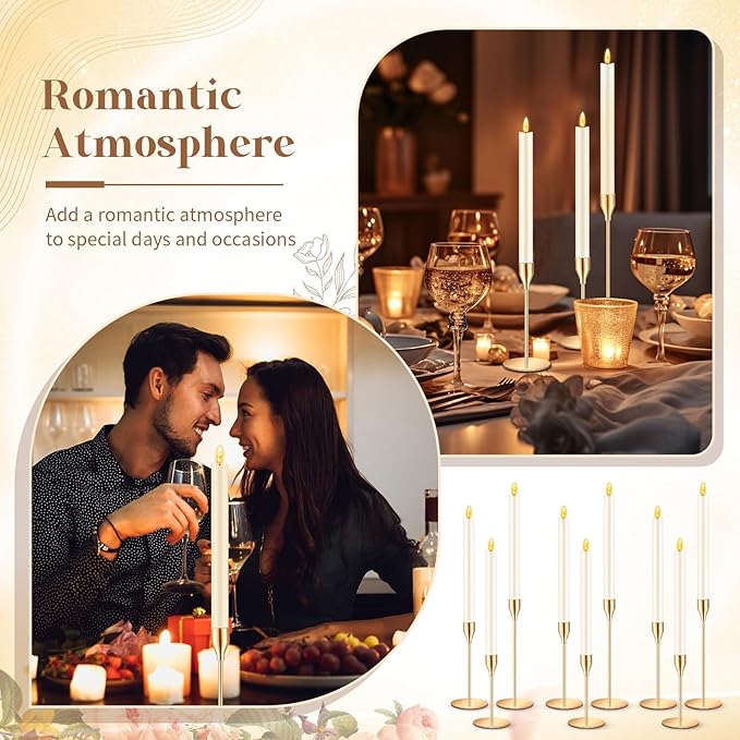30 Pcs Gold Candlestick Holders with Flameless LED Candles Bulk Includes 15 Metal Candle Holders and 15 Ivory Battery Operated Candles for Wedding Table Centerpieces Home Decor