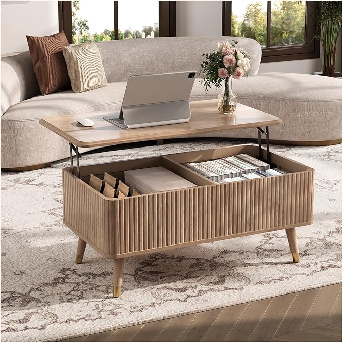 Lift Top Coffee Table with Storage, Mid Century Modern Walnut Fluted Coffee Table, Rectangular Wood Center Table with Rising Desktop & Open Shelf for Work from Home, Living Room, Oak
