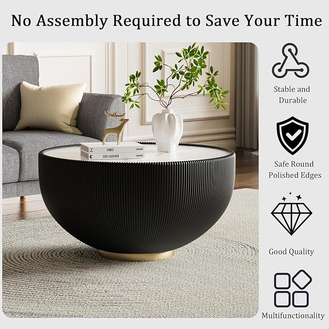 27.55" Black Round Coffee Table, Drum Coffee Table with Sintered Stone Tabletop and Fluted PU Leather Covered and Metal Base, Circle Cocktail Tea Table for Living Room
