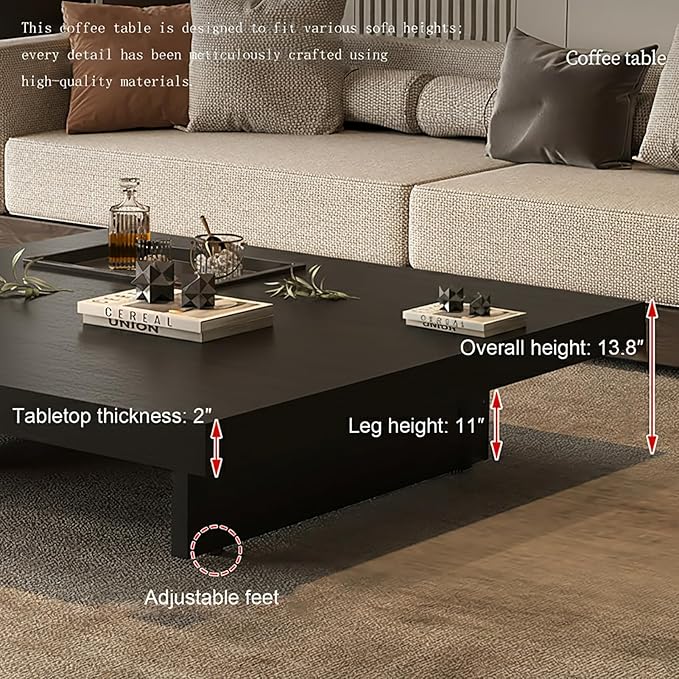 Modern Square Coffee Table for Living Room, Low Profile Wood Center Table with 2" Thick Tabletop & Optional Storage Tray, Sturdy Minimalist Design (31.5"/39.4" Black/Walnut)