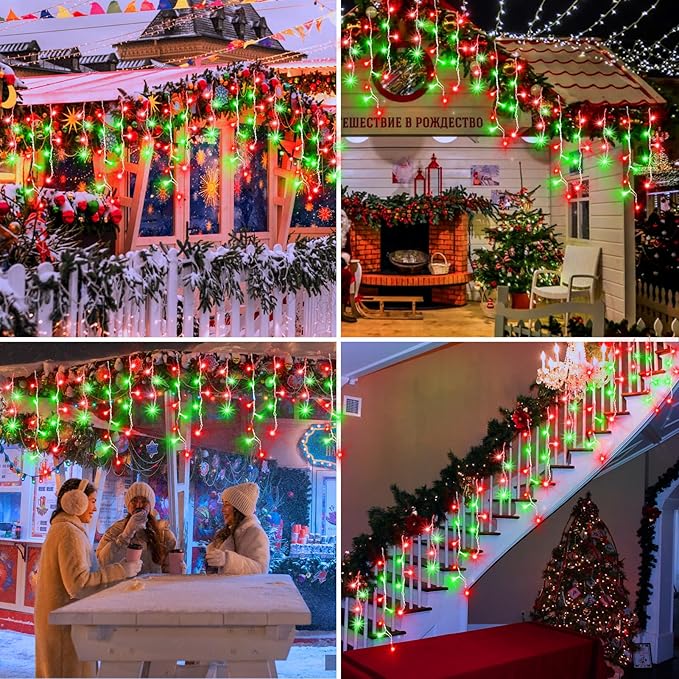 XURISEN 132ft Christmas Lights Decorations Outdoor, 1280 LED 8 Modes Fairy Lights with 240 Drops,Plug in Waterproof Timer Memory Function for Christmas Holiday Wedding Party Decorations(Red+Green)