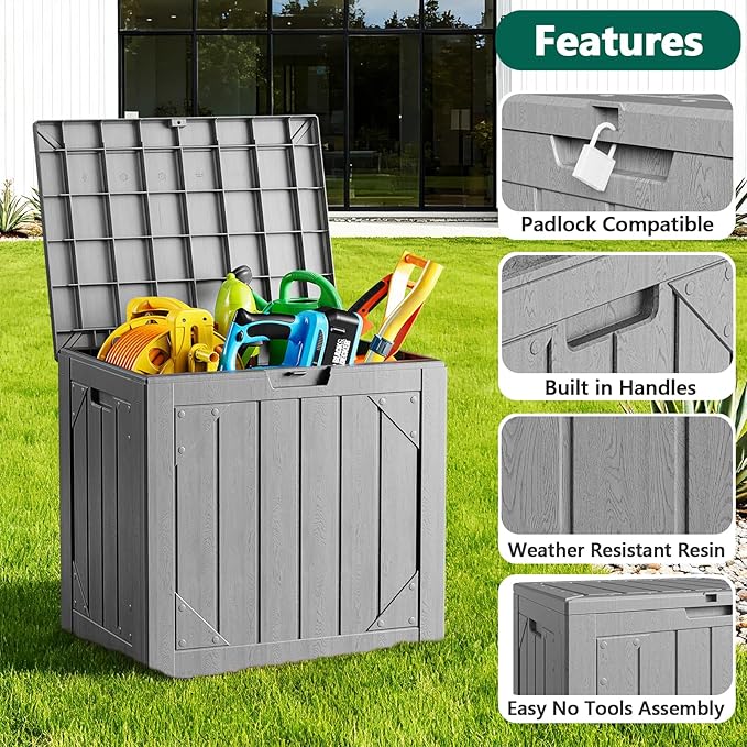 Outdoor Storage Box, 30 Gallon Deck Box Outdoor Storage Bench Outside Waterproof Resin Storage Bench, Lockable Patio Cushions, Garden Tools Storage For Furniture, UV Resistant (Gray)
