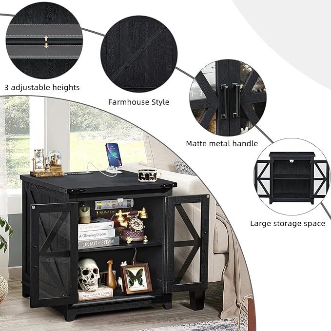 Farmhouse End Table, 24" Large Sofa Side Table with Charging Station Glass Barn Door, Wood Nightstand with Adjustable Storage Shelf, Square Bedside Table for Living Room, Bedroom