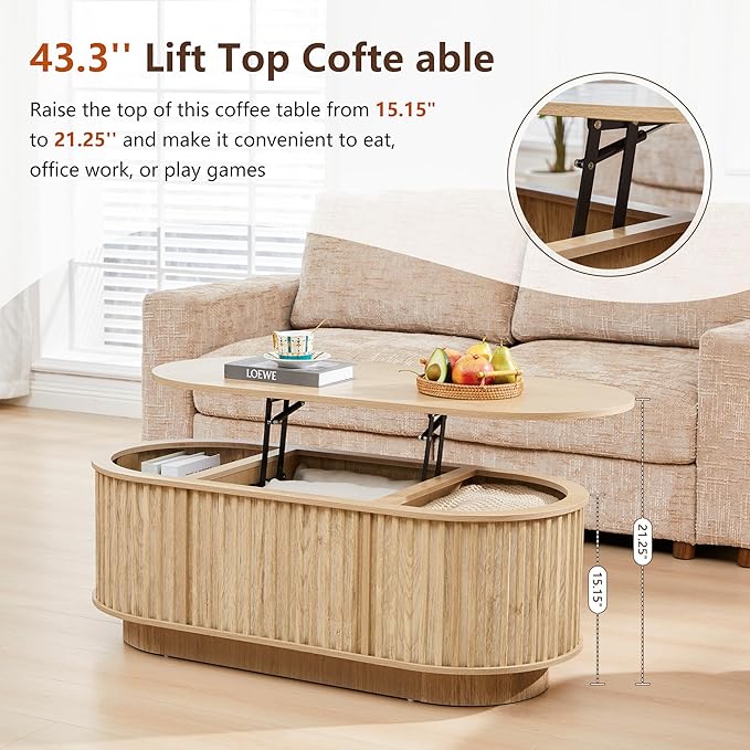 Oval Lift Top Coffee Table with Storage, 43.3”Mid Century Modern Center Table with Hidden Compartment, Fluted Wooden Lift Tabletop Dining Table for Living Room Apartment Home Office,Natural