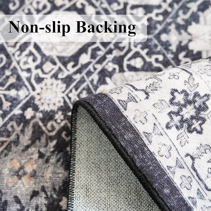 5x7 Living Room Area Rugs: Washable Non-Slip Stain Resistant Rug for Bedroom Dining Room Vintage Ultra Soft Indoor Carpet for Nursery Kitchen Farmhouse Thin Floor Mat for Home Office (5x7 Black)