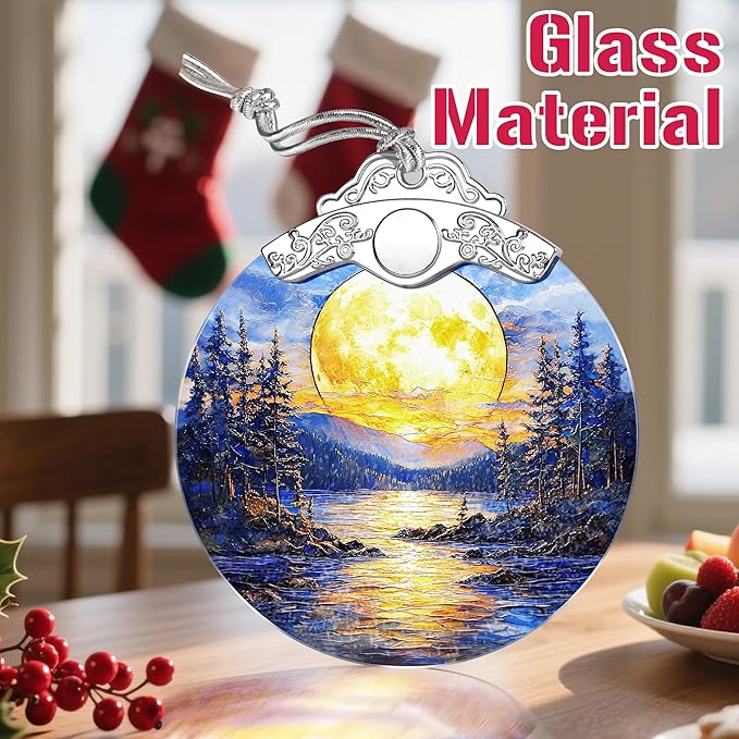 Christmas Ornaments: Stained Glass Ornament, Christmas Tree Ornament, Hanging Ornaments for Home Decor, Xmas Tree Decorations, Holiday Decor, Gift, Holiday Present - Full Moon Over Forest Lake