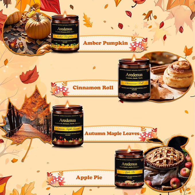 Holiday Candle Set – 4 Pack Winter Cozy Christmas Seasonal Candle Gift - Scent of Cinnamon Roll, Amber Pumpkin, Autumn Leaves & Apple Pie, Hand-Poured Soy Candles for Christmas Cozy Winter Gifting