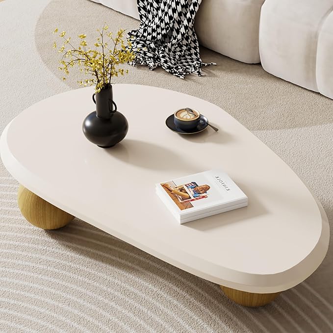 51.18" Large Cloud Coffee Table for Living Room, Oval Wood Coffee Table with 3 Brown Ball Legs, Unique Modern Living Room Table Center Table for Home Office, White