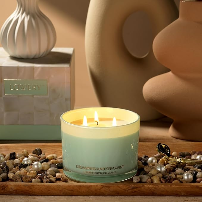 Christmas Eucalyptus Spearmint 3 Wick Candle Set with Candle Wick Trimmer, Pure Soy, Strong Smelling Candles for Home Scented Bath & Bedroom, Large Candle Gift Set for Women, Mom, Sister, Coworkers