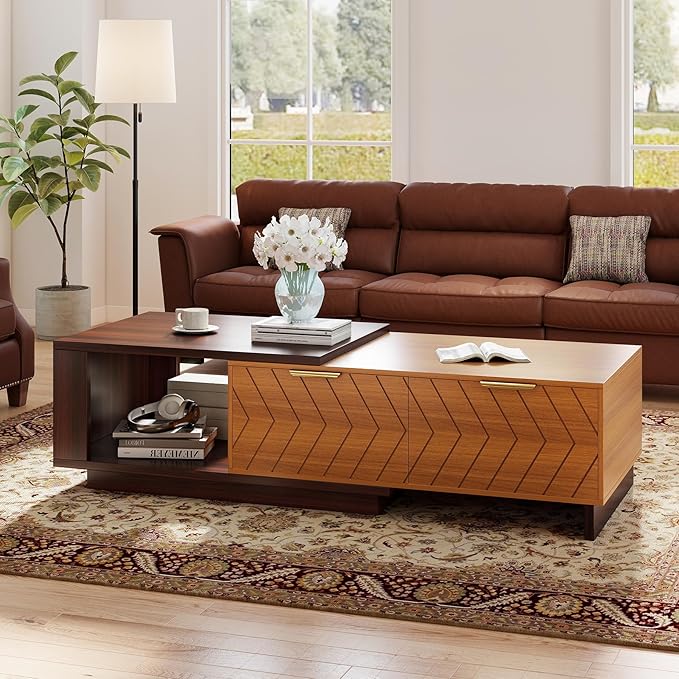 42"- 65" Extendable Coffee Table with Storage, Reversible Wood Coffee Table with 2 Drawers, Two-Tone Large Adjustable Center Table for Living Room, Office (Dark Walnut)
