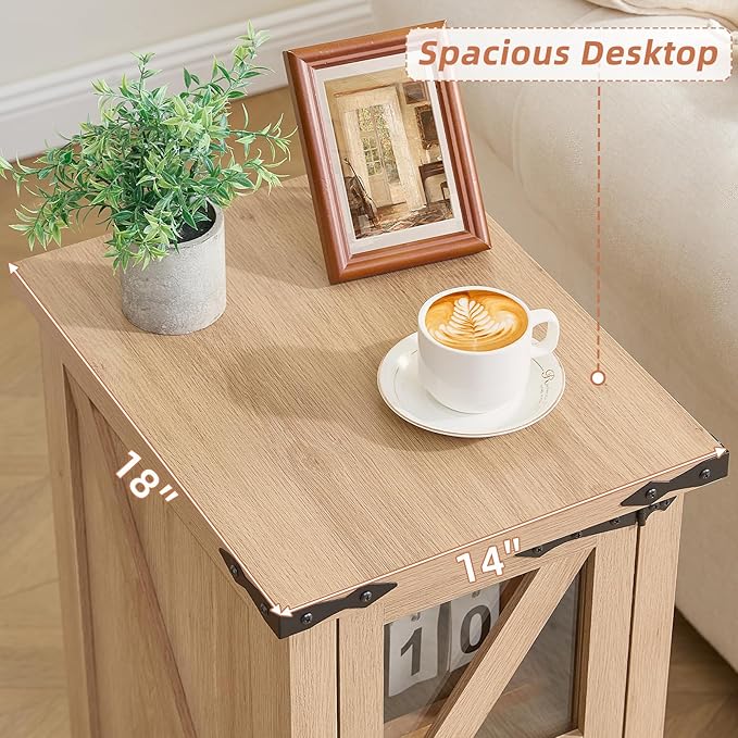 Narrow Night Stand for Small Spaces, Farmhouse Side End Table with Glass Barn Door Storage, Natural Wood Bedside Tables, Nightstand Cabinet Organizer for Living Room Bedroom