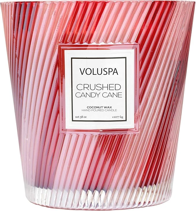 Voluspa Crushed Candy Cane, 3 Wick Boxed Hearth, 38 oz, 80 Hour Burn Time, Coconut Wax for Clean Burning, Handcrafted in The USA