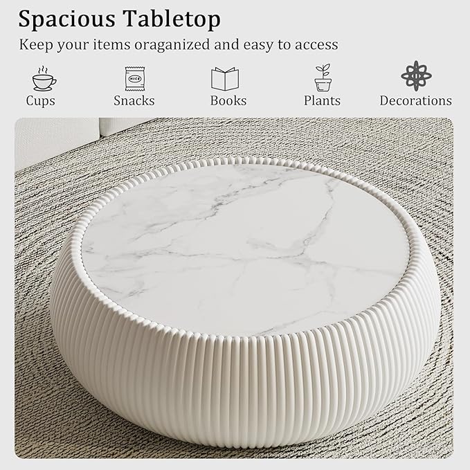 27.55" White Round Coffee Table, Drum Coffee Table with Sintered Stone Tabletop and Fluted PU Leather Covered and Stable Base, Circle Cocktail Tea Table for Living Room