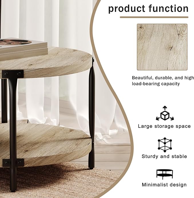 Wooden Round Coffee Table, 2-Tier Coffee Table, 29.61” Center Table with Metal Legs & Open Storage, Center Accent Table for Living Room, Natural Wood Color
