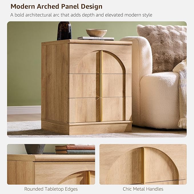 ACCOHOHO Modern Night Stand Set 2 with Arched Panel, 18" Nightstand with Charging Station, Side Table with 3 Storage Drawers, Wood Square Bedside End Table for Bedroom Living Room, Natural Oak