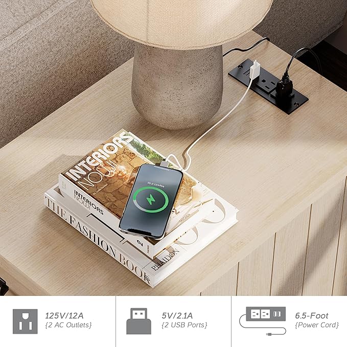 WAMPAT Beige End Table with Charging Station, Narrow Side Table with 1 Drawer &1 Storage Cabinet, Mid Century Modern Nightstand with Power Outlets & USB Ports for Living Room, Bedroom