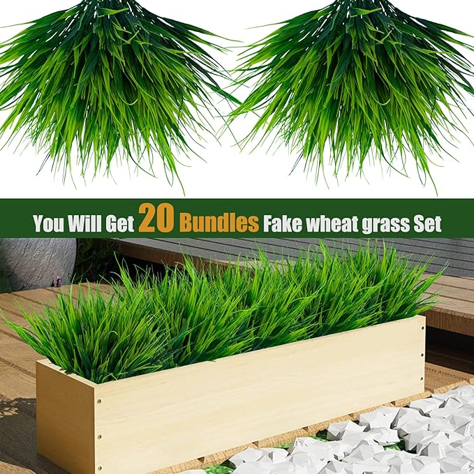 Lnoicy 20pcs Artificial Outdoor Plants, Fake Wheat Grass Greenery Shrubs UV Resistant Faux Plastic Plants Garden Porch Window Box Décor (Grass)