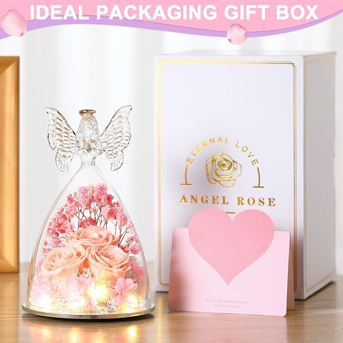 Christmas Rose Gifts for Women Preserved Real Flower in Glass Angel Figurines Roses for Delivery Prime Birthday Gifts for Mom Grandma Girlfriend Wife Her, Champagne