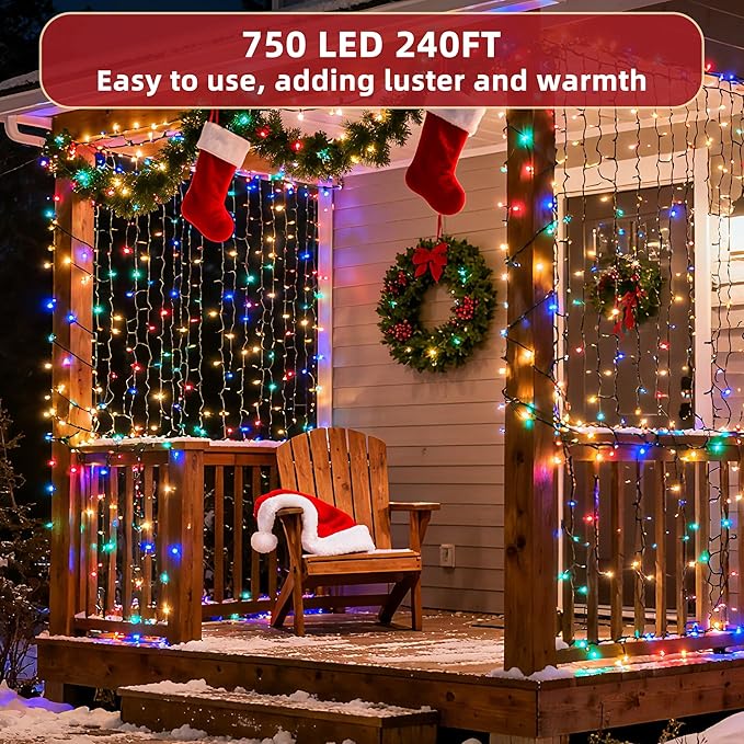 240FT Christmas Lights Outdoor, 750 LED Christmas Tree Decoration Lights with 12 Modes & Timer Memory, Dimmable Plug In Waterproof LED Xmas Light for Yard Trees Wedding Party Holiday Multicolor