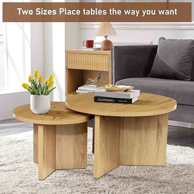 Round Nesting Coffee Tables Set of 2, Modern Stacking Table with Wood Grain Finish, End Table Side Tables for Living Room (Natural Oak)