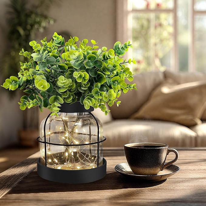 Rustic Farmhouse Glass Vases with Green Artificial Eucalyptus Plants & Lights Primitive Vintage Lantern Home Decor Centerpiece for Counter Coffee Table Shelf Office Dining Room Kitchen Bathroom,Black