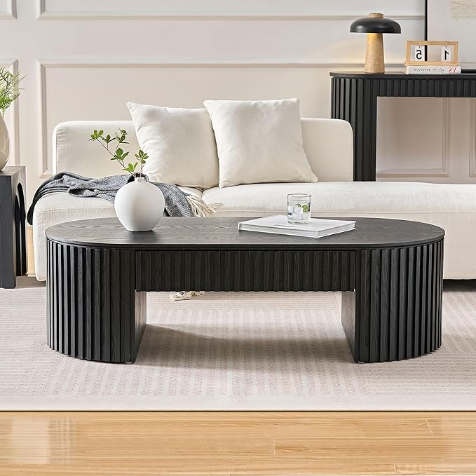 51.18'' Oval Coffee Table for Living Room Fluted Center Table with Drawer, Mid Century Modern Coffee Tables, Easy Assembly for Office Storage Tea Table Black