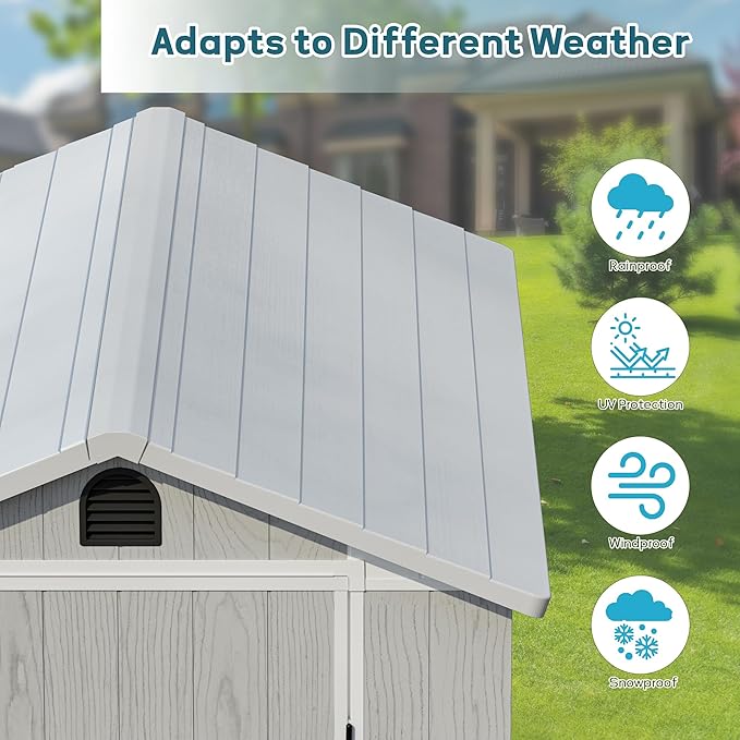 Greesum 4x6FT Plastic Storage Shed with Floor, Resin Outdoor Storaged Sheds with Lockable Door, All Weather Durable Tool Shed with Window and Vent, for Garden, Backyard, Patio, Light Gray