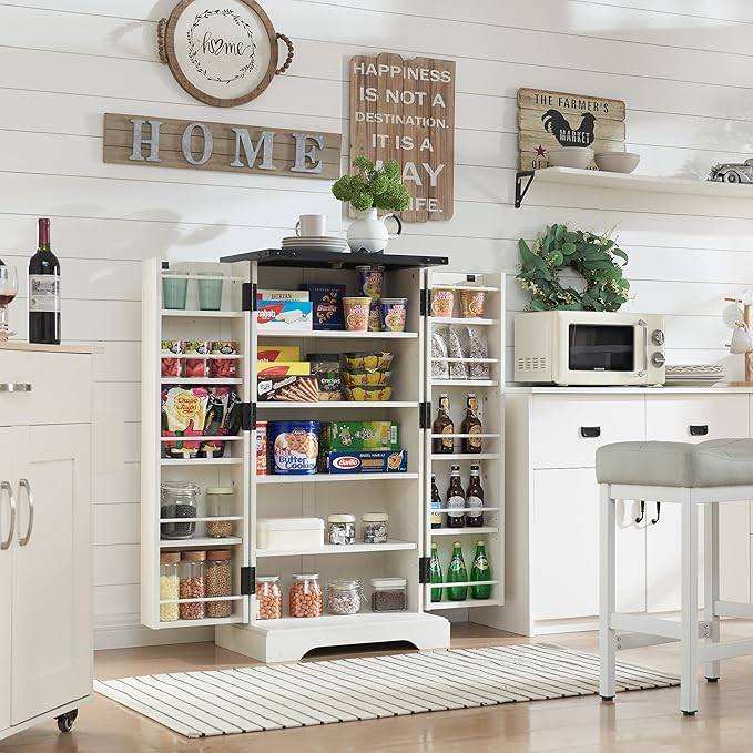 ACCOHOHO 47" Kitchen Pantry, Farmhouse Storage Cabinet with Barn Doors, Organizer and Adjustable Shelves, Rustic Wood Cupboard for Kitchen, Dining Room, Bathroom and Hallway, Off White