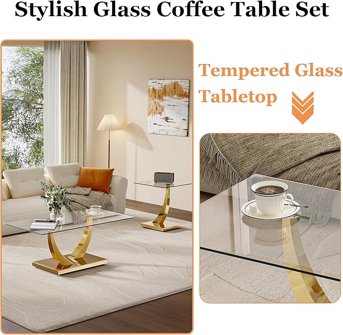 Modern Glass 3 Piece Living Room Table Set, Coffee Table Set with 1 Coffee Table and 2 End Tables, Tempered Glass Top and Gold Horn-Shaped Stainless Steel Base for Living Room, Office