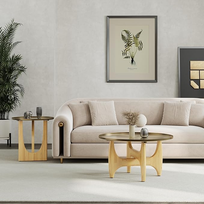 ACEDÉCOR 30“ Round Coffee Table, Brushed Gold Center Table with Low-Rim Edge Tray Top and Solid Wood X-Cross Base for Living Room Office Apartment