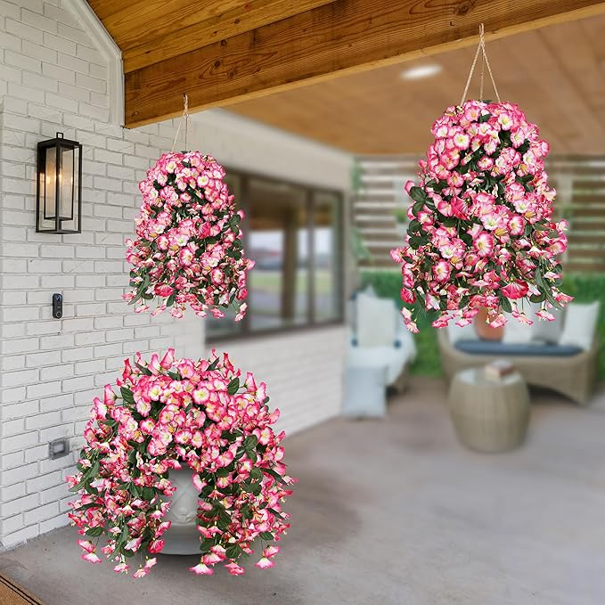 Sggvecsy Artificial Fake Hanging Flowers Plants for Outdoor Outside Spring Summer Decoration 2PCS Faux Silk UV Resistant Realistic Morning Glory Trailing Vines for Home Porch Patio Balcony(Pink)