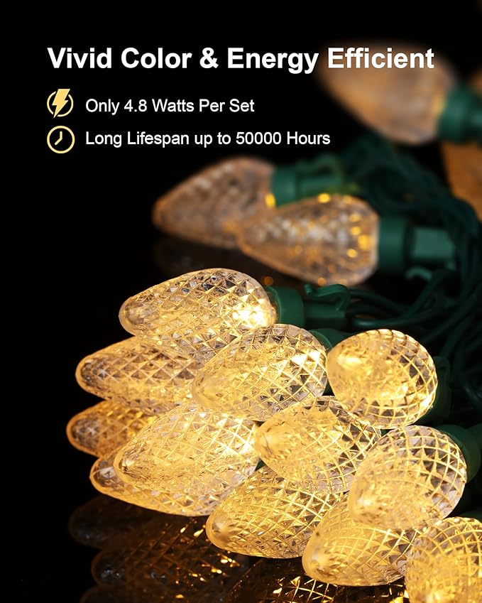 C7 Led Christmas String Lights, 25.16ft 50 LED Connectable Outdoor Indoor Decorative Light Strand, Warm White Xmas Holiday Lights for House, Christmas Tree, Patio, Party Decoration, UL Listed