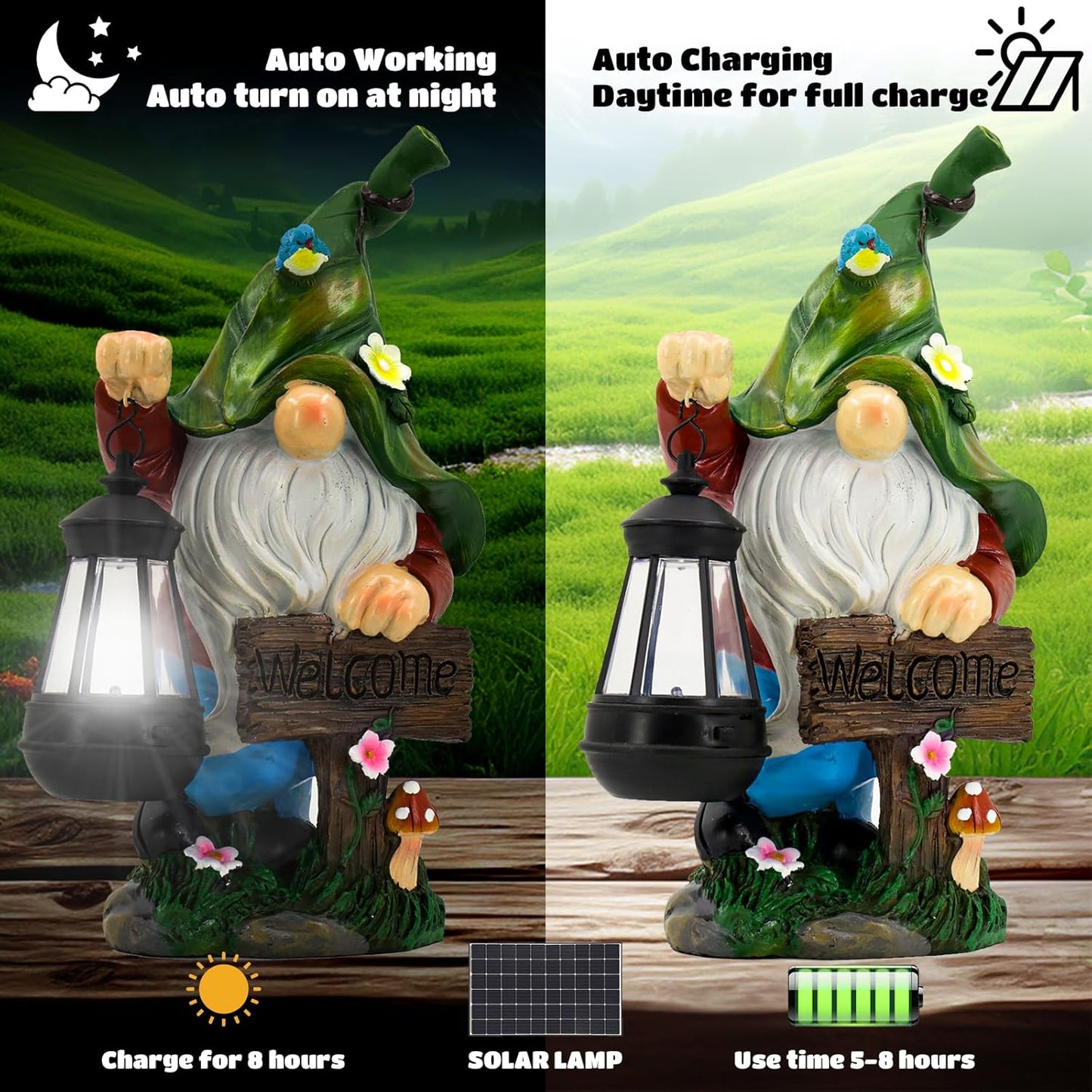 Garden Gnome Statue, Resin Figurine with Bright Solar Lantern Lights and Welcome Sign, Outdoor Solar-Powered Illumination Yard Art Decorations for Indoor Outdoor Patio Lawn Garden Room