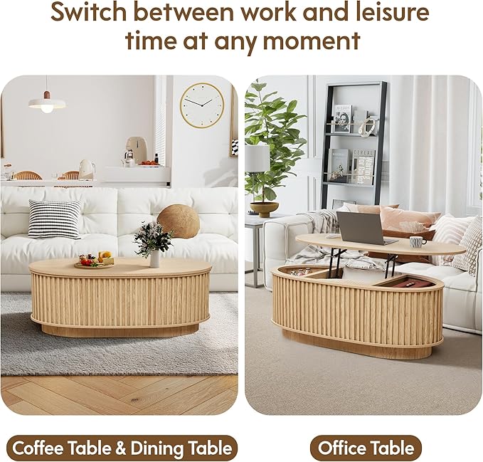43.3'' Fluted Coffee Table with Hidden Storage Compartment, Mid Century Modern Oval Lift Top Coffee Table, Wooden Center Table Converts to Dining Tables for Living Room, Apartment (Natural)