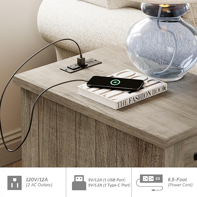 WAMPAT 2 Pack End Tables with Charging Station, Farmhouse Side Table with Drawer & Storage Cabinet, Gray Nightstand with Power Outlets & USB Ports for Living Room, Bedroom