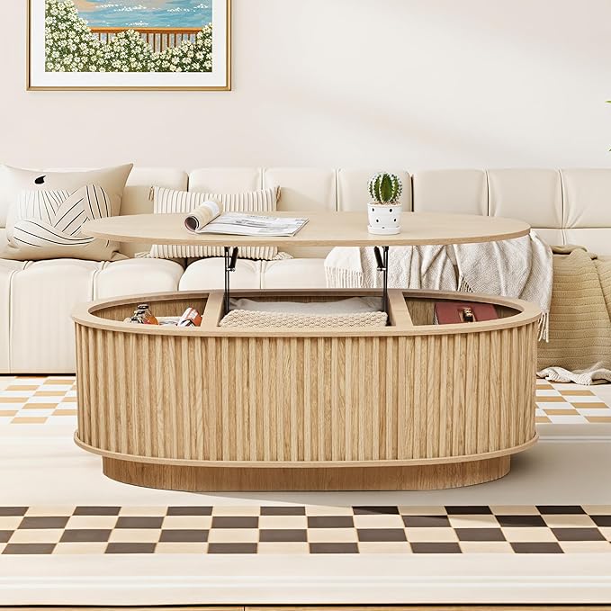 43.3'' Fluted Coffee Table with Hidden Storage Compartment, Mid Century Modern Oval Lift Top Coffee Table, Wooden Center Table Converts to Dining Tables for Living Room, Apartment (Natural)
