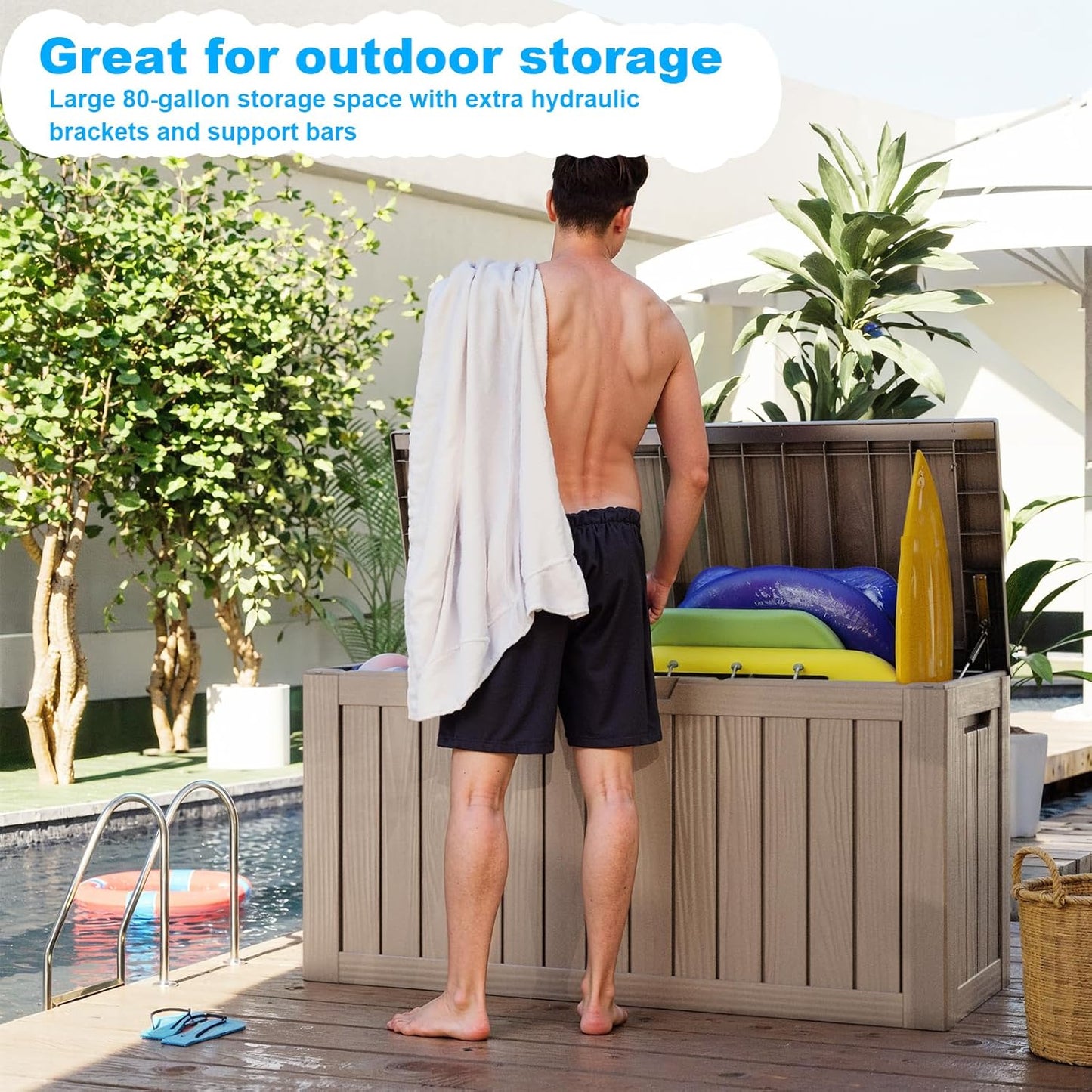 Vixzen 80 Gallon Resin Deck Box, Lockable Outdoor Storage Box for Patio Cushions Storage Furniture,Garden Tools, Pool Supplies, Weatherproof and UV Resistant- Grey