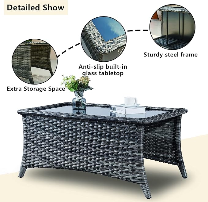 Rilyson Patio Tables Wicker Coffee Table - Outdoor Rattan Coffee Tables with Glass Top for Patio Proch Deck Balcony Rectangle Mixed Grey