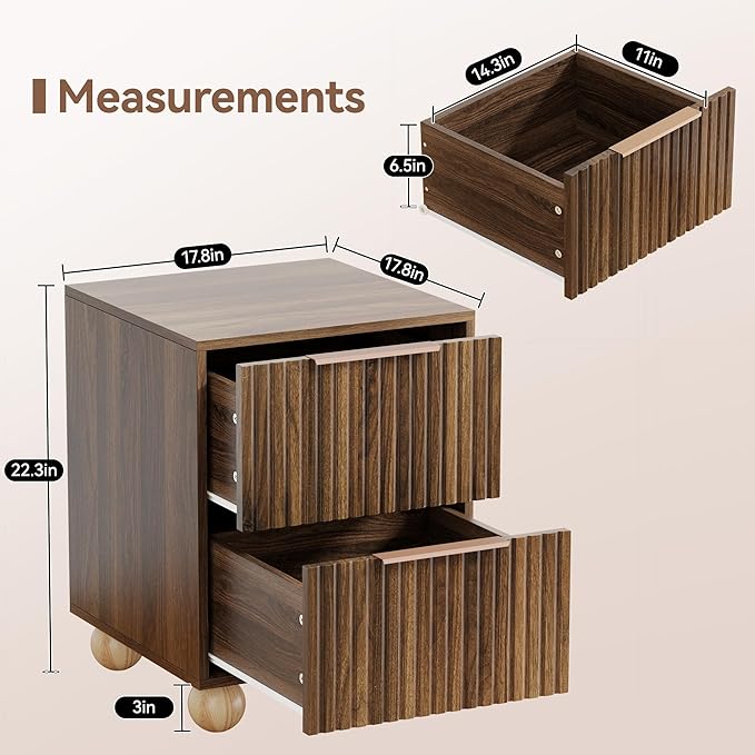 Fluted Nightstand Set of 2, Walnut Finish Bedside Table with Spacious Storage Drawers, Night Stand with Solid Wood Round Legs for Bedroom, End Table, Side Table