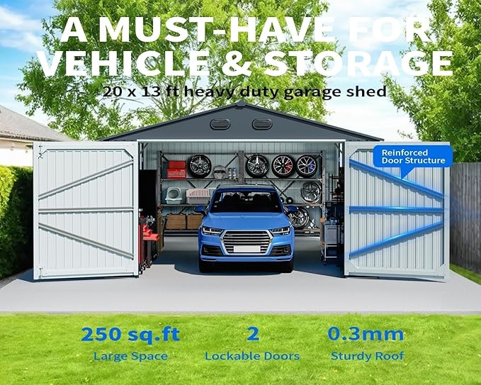 13x20 Outdoor Storage Shed, Extra Large Metal Garage Building, Heavy Duty Steel Car Shed with Side Door & Updated Frame Structure, Waterproof Carport for Car, Truck, Bike, Tool Storage, Dark Gray