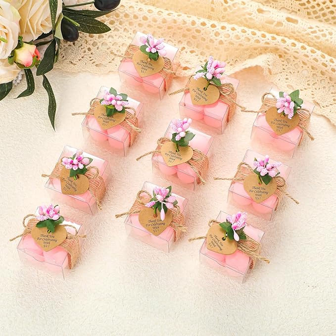 MTLEE 30 Sets Mini Bubble Candles Wedding Favors Gifts for Guests 1.57" x 1.38" Bubble Candles with Cards Dried Flowers DIY Gift Set for Baptism Party Bridal Shower Thank You Gifts (Pink)