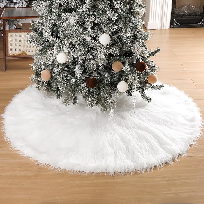 60 Inch Extra Large Faux Fur Christmas Tree Skirt, White Long Fur Fluffy Tree Skirt Plush Luxury Soft Warm for Home Xmas Party Holiday Indoor Decor