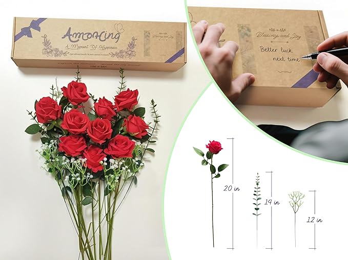 10 Stems Artificial Roses Bouquet with 4pcs Artificial Baby's Breath 6pcs Artificial Eucalyptus Leaves Stems, for Silk Floral Arrangement or Space Decoration (Red)
