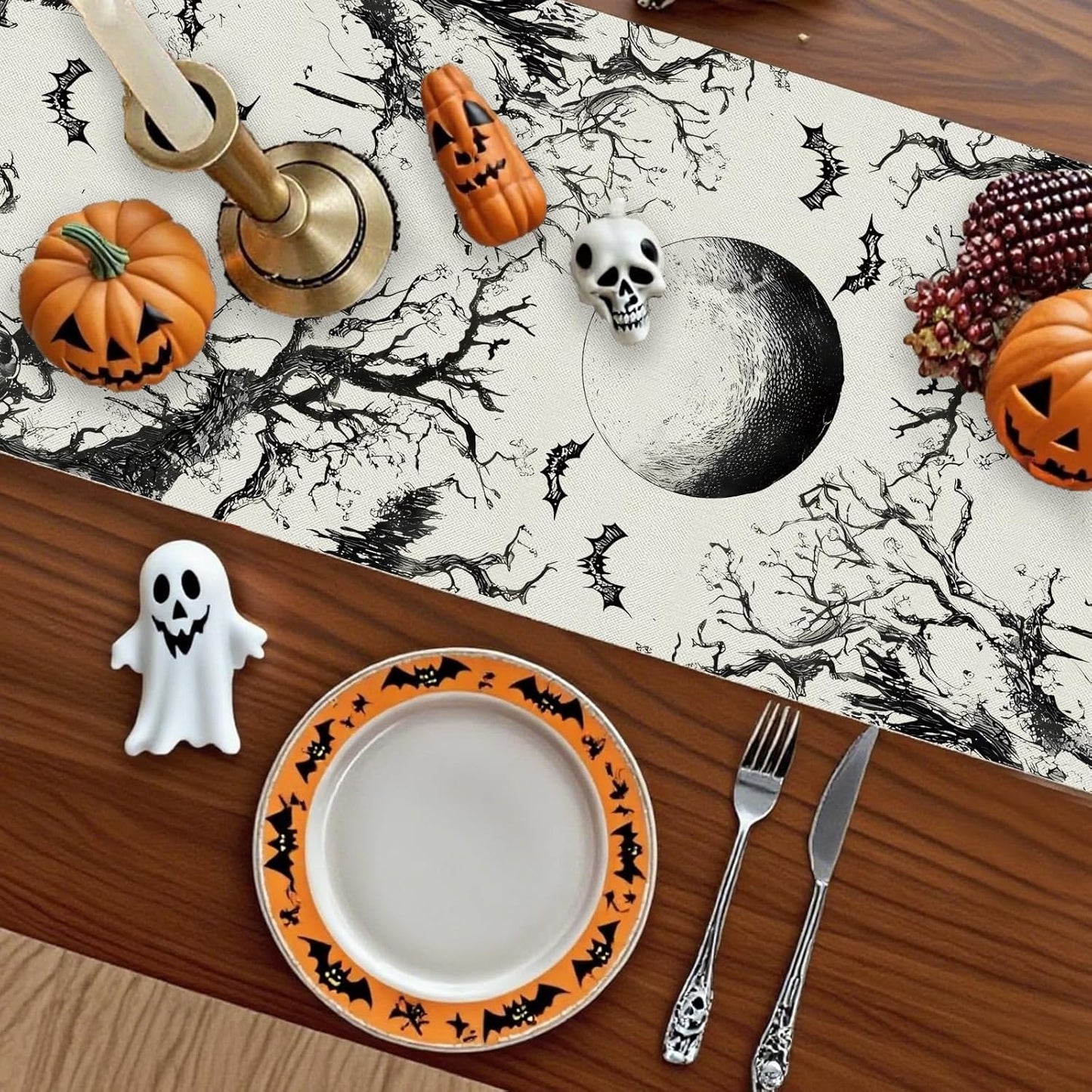 GPGHE Halloween Table Runner Black Ghost Holiday Burlap Table Decoration Indoor Outdoor Home Decor Party Supply 13 x 120 Inch