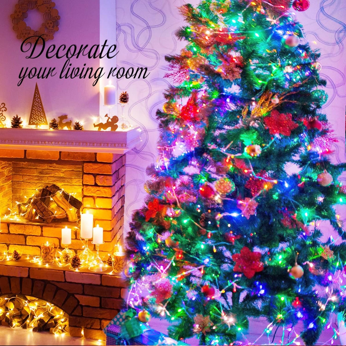 JMEXSUSS Connectable 100 LED Multicolor Christmas Lights for Tree, 8 Modes Indoor Outdoor Clear Wire, 33ft Colorful Plug-in for Christmas Tree Bedroom